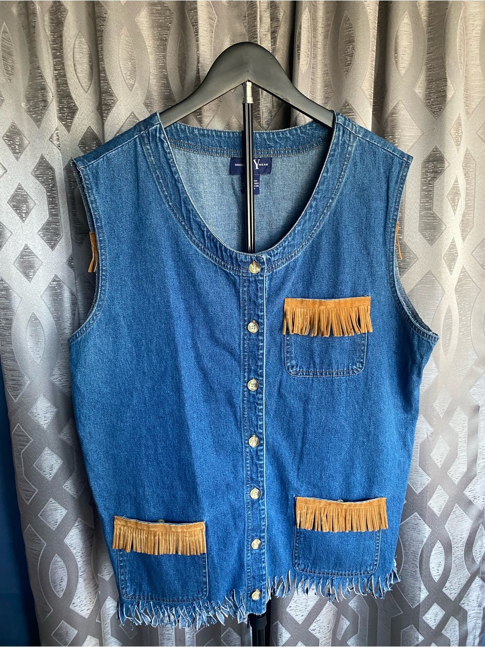 Vintage Western Denim Fringe Vest Original TY Wear Blue Suede Boho 1X